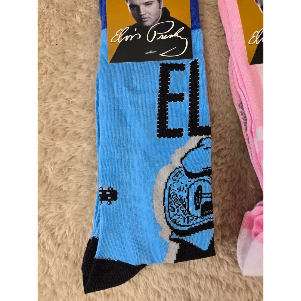 Elvis Presley Crew Socks 3 Pack Blue Pink Black Cadillac Signature Mens 7-12 NEW